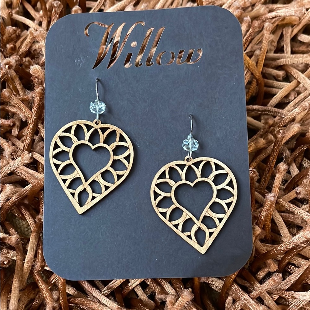 Willow Wooden  with Heart Design and Intricate Cutouts Earrings Pierced